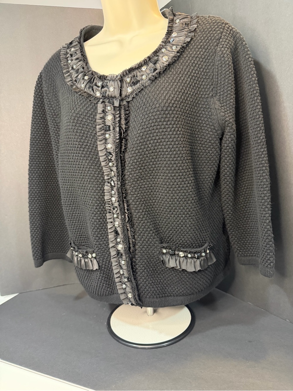 Ruby Rd. Black Embellished Knit Cardigan with Ruffle Trim - Picture 5 of 6